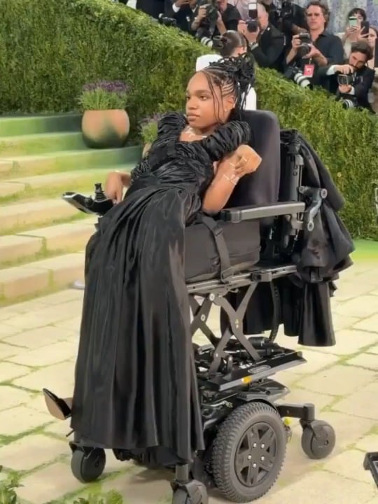 Aariana Rose Philip, the first African-American transgender woman with quadriplegic cerebral palsy signed to a major modeling agency, arriving at the Met Gala.