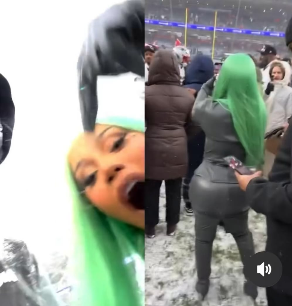 Cardi B hyping up the New England Patriots over their Super Bowl game. January 25 2026.