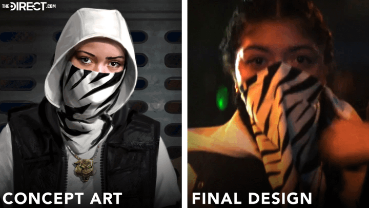 Concept art of Angela Del Toro's White Tiger and the character's final design in the show.