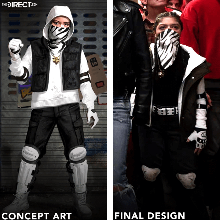 Concept art of Angela Del Toro's White Tiger and her final design in the show.