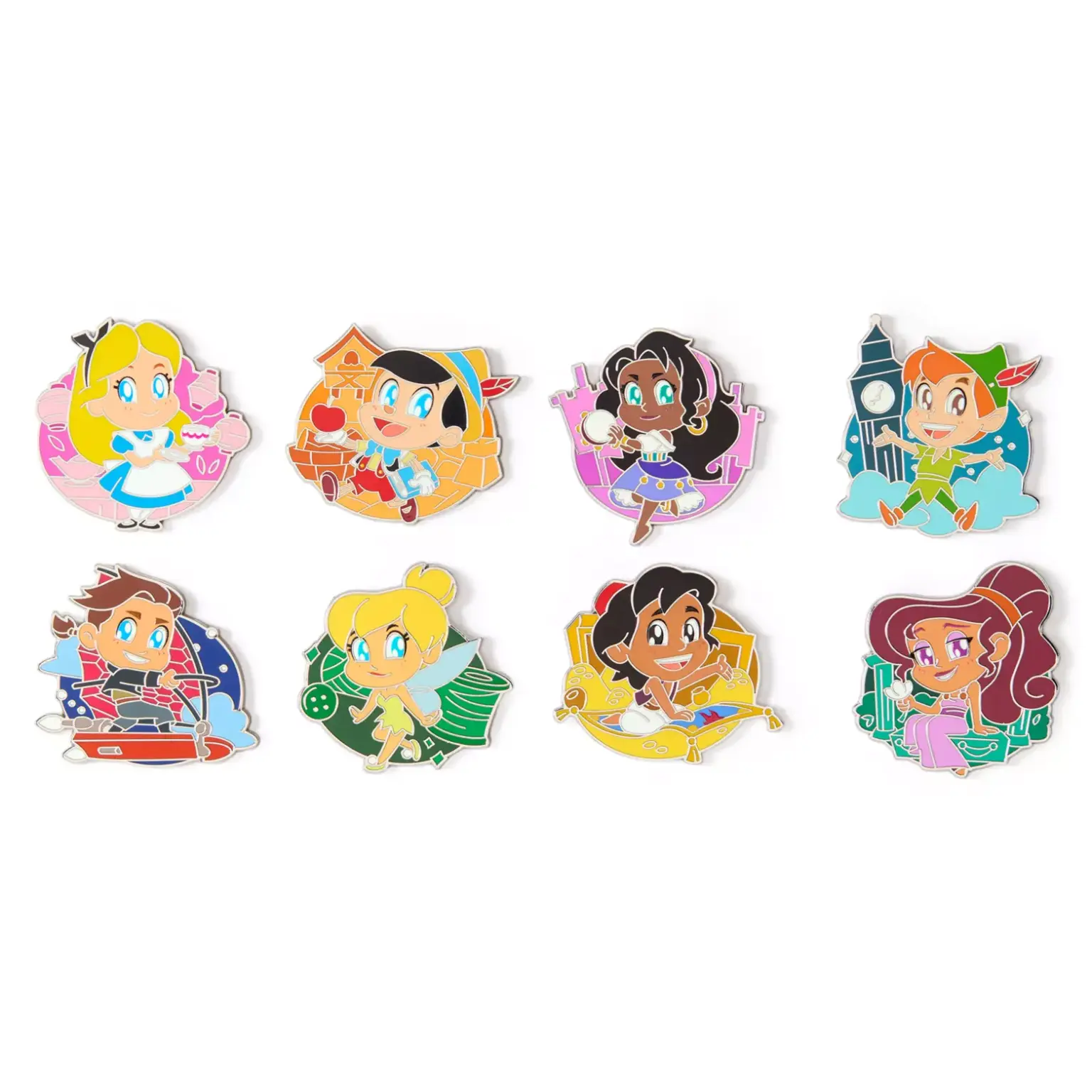 Tinker Bell, Jim Hawkins, Peter Pan and More in Cuties Mystery Pin Pack at Disney Store In a pastel, multicolored box, the Animated Cuties mystery pins come two to a box. There are eight possible pins you can receive.