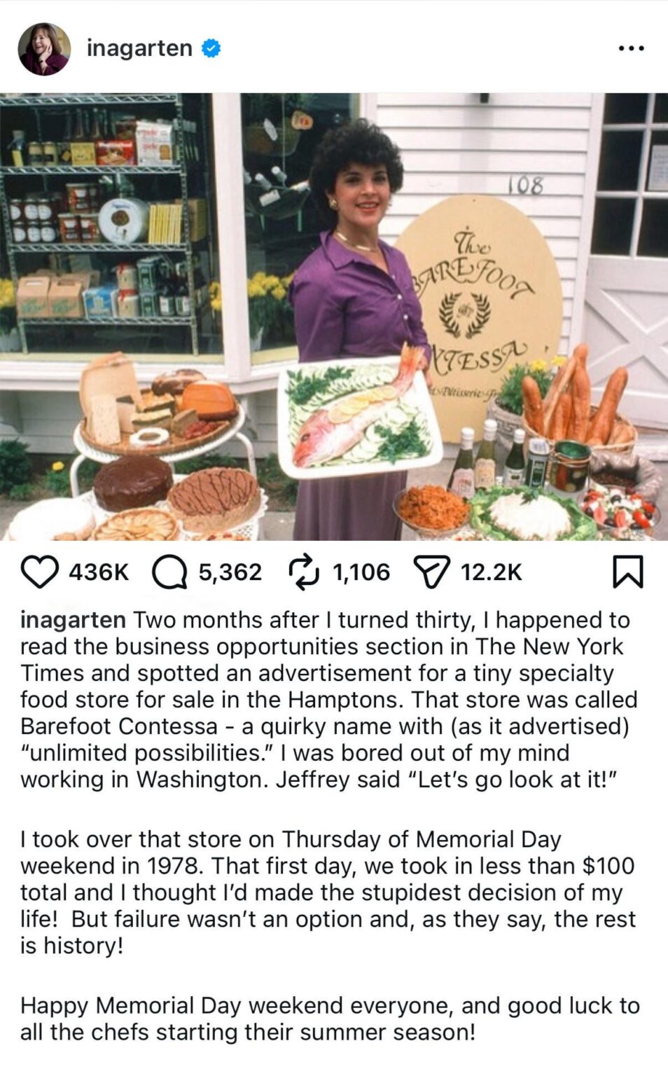 Ina Garten celebrates the 48th anniversary of leaving her job as a nuclear budget analyst at the White House to open the Barefoot Contessa specialty food store, which would eventually lead to her success in television and cookbooks
