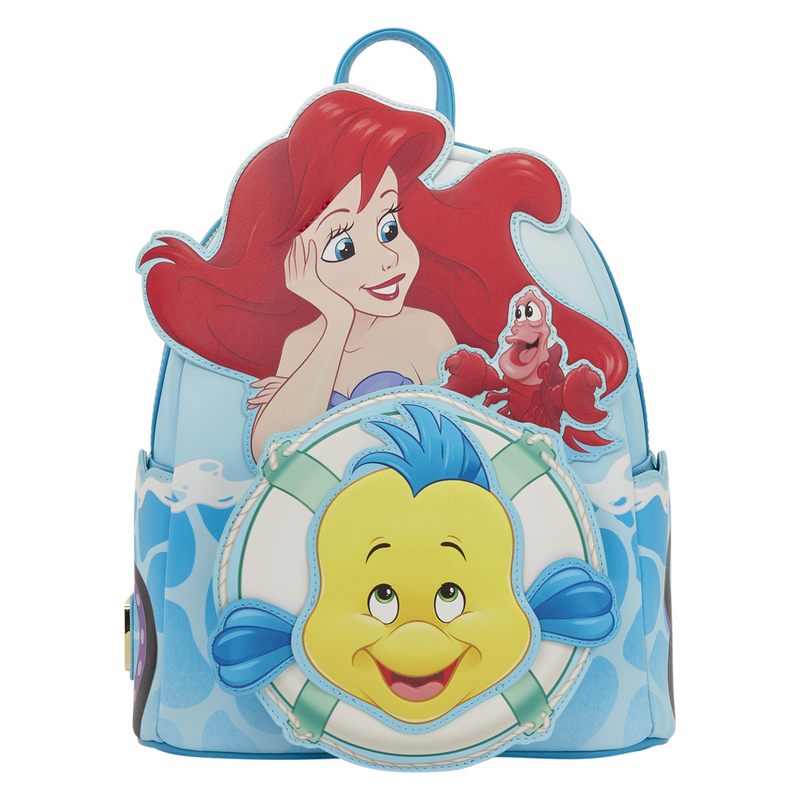 Ariel, Flounder, and Sebastian are all prominently shown on the front of this backpack. Front and center is Flounder, inside a teal-and-white life preserver. Ariel is leaning her face in her right hand and looking at Sebastian, who is talking beside her. The bottom half of the backpack features an ocean-water pattern.