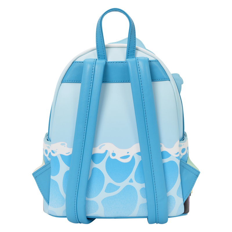 At the back of the backpack, we see the light blue straps as well as the continued ocean water image from the front.