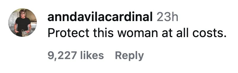 Instagram comment by user "anndavilacardinal": "Protect this woman at all costs." Shows profile picture and 9,227 likes