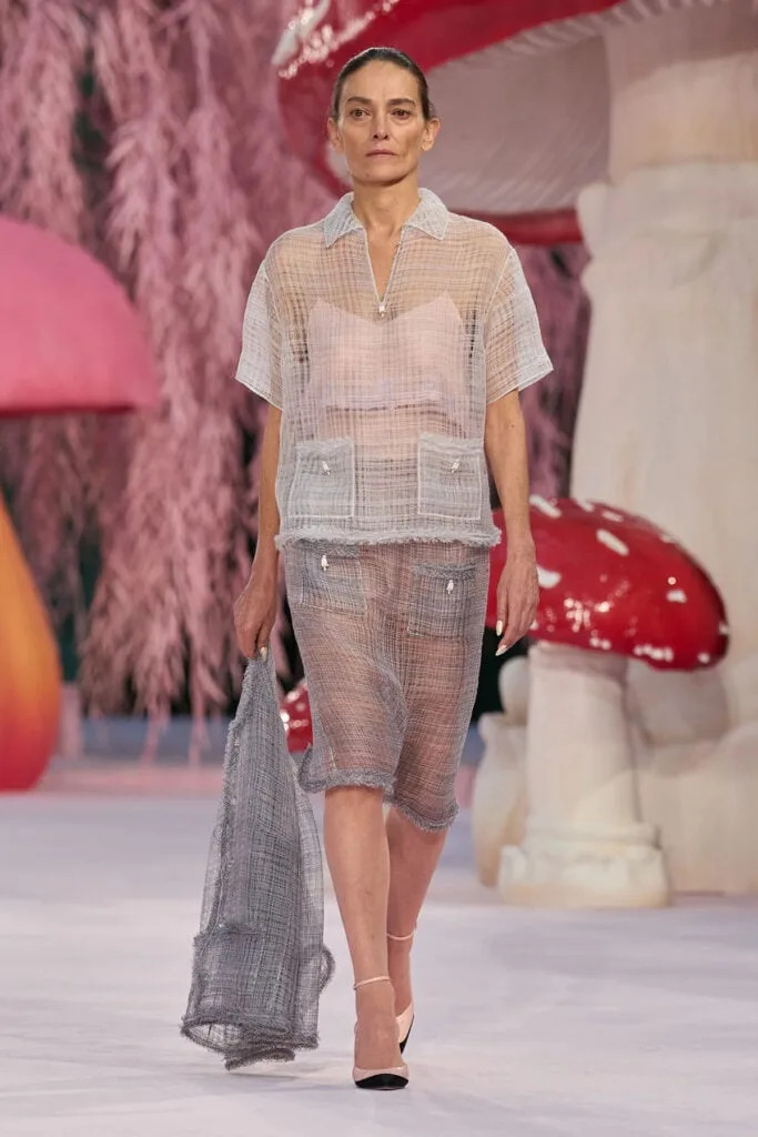 Chanel Spring 2026 Haute Couture runway look featuring sheer tweed separates with layered styling