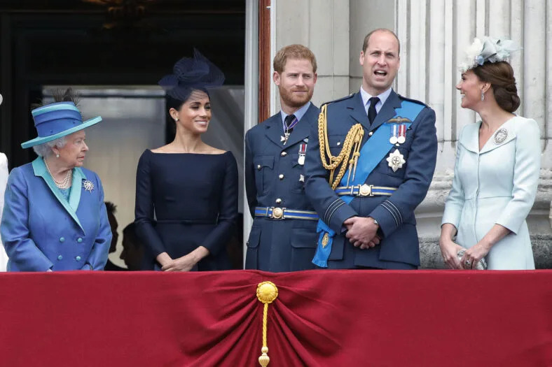 Queen Elizabeth with Prince William and Kate Middleton and Prince Harry and Meghan Markle