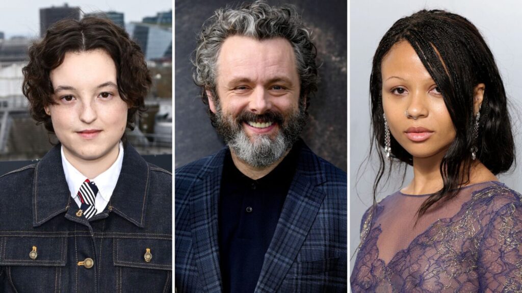 Bella Ramsey attends the HBO Max Experience London photocall at The Venue at Piccadilly Lights on March 24, 2026, in London, England; Michael Sheen attends the premiere of Universal Pictures