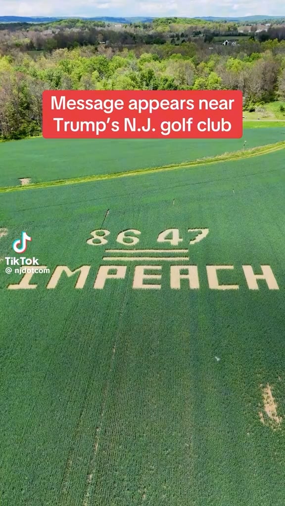Performance artist Suki carved a giant “8647 = impeach” message in a field near Trump National Golf Course. The message is meant to be seen from the air so Trump will see it while he is flying to and from.