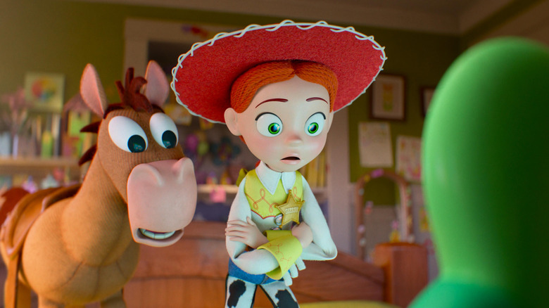 Jessie and Bullshie look at Lilypad in Toy Story 5