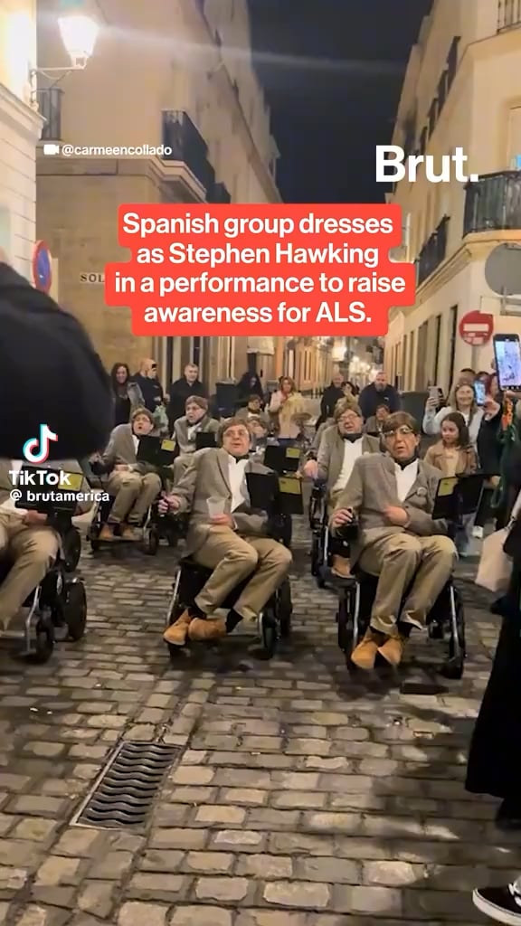 A Spanish carnival group dressed as Stephen Hawking for a performance aimed at raising awareness about ALS, the disease the late physicist lived with for decades. The troupe, called "A Chirigota in Theory," performed at the Official Carnival Groups Competition.