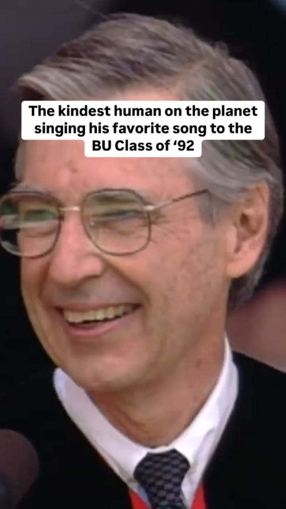 Mister Rogers at BU’s 1992 Commencement leading the crowd of 20,000 in a rendition of “Won’t You Be My Neighbor?”