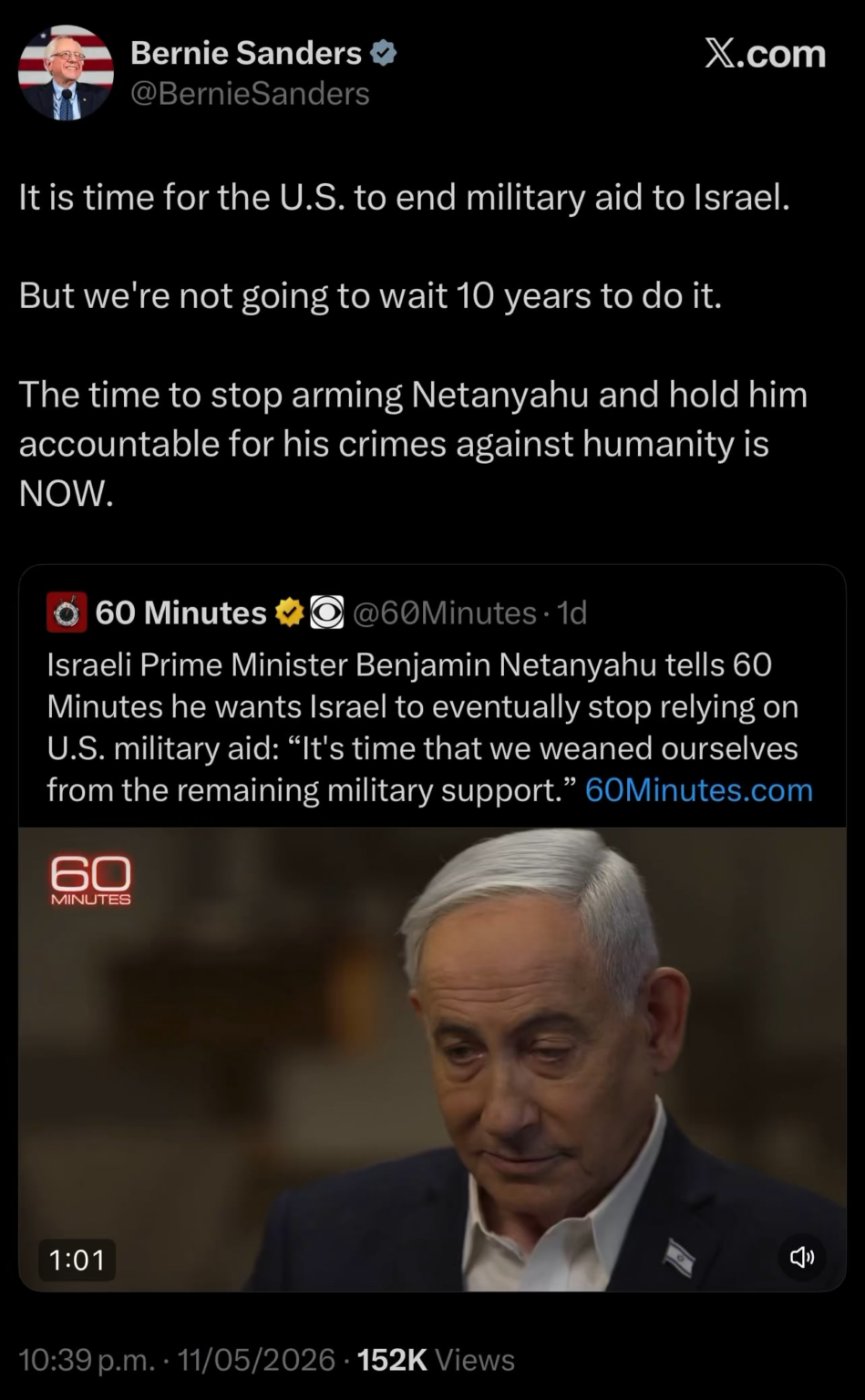 Bernie Sanders says it’s time for the U.S. to end military aid to Israel now. In response to Benjamin Netanyahu’s interview saying he wants to “wean off military support over the next decade”