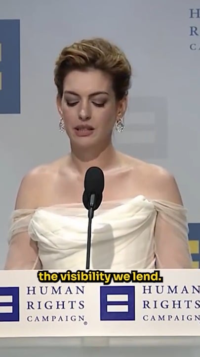A visibly emotional Anne Hathaway responds to a trans kid who named herself Ella after Ella Enchanted, and thanked Hathaway for her courage as an ally. Hathaway replies, "Ella, sweetie, I want to make something absolutely clear: It takes zero courage to love you"