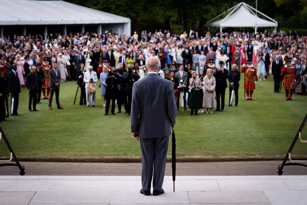 King Charles III looks on during a Royal Garden Party at Buckingham Palace on May 14, 2026 in London, England