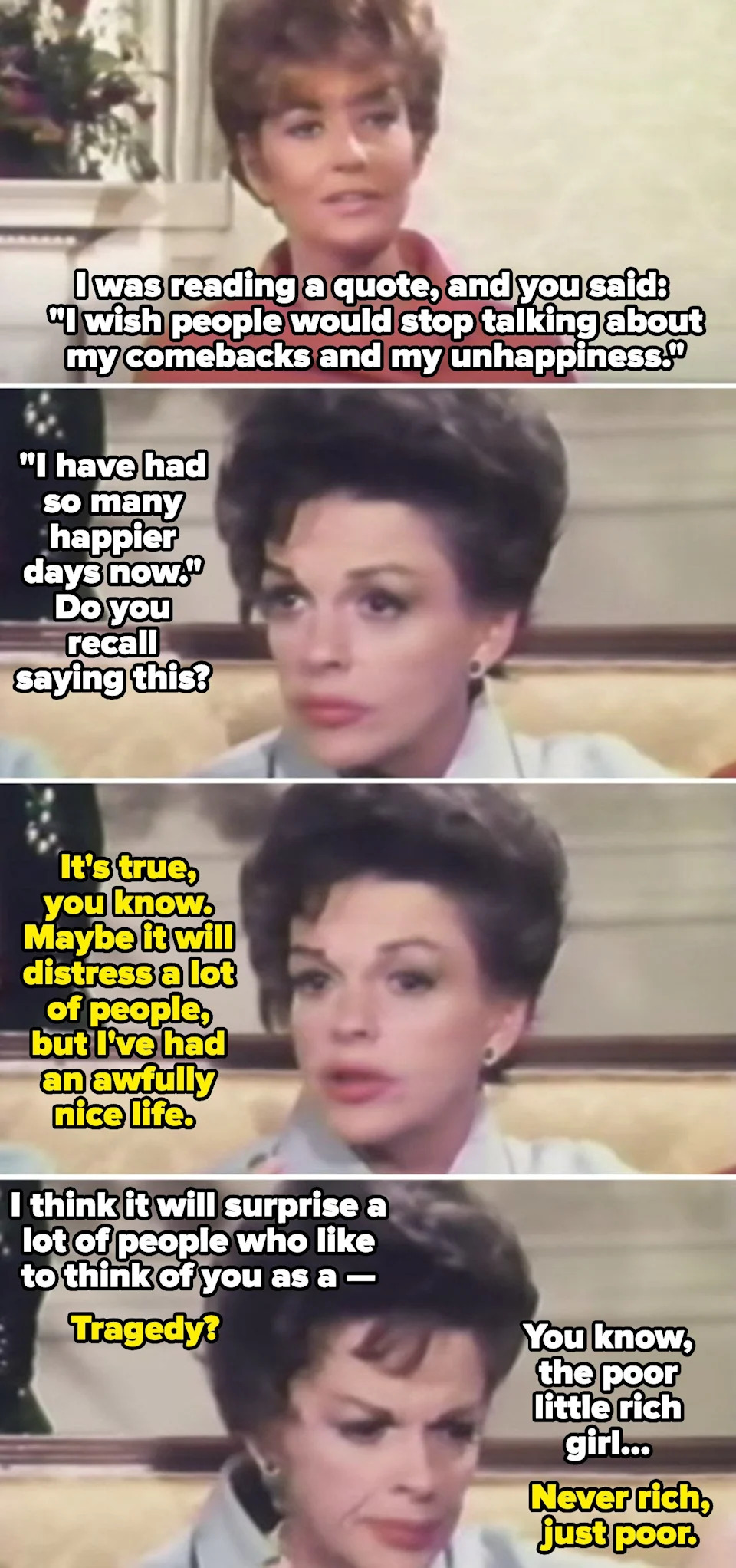 A woman in a dialogue reflects on her public perception, expressing contentment with her life despite comments about comebacks and unhappiness