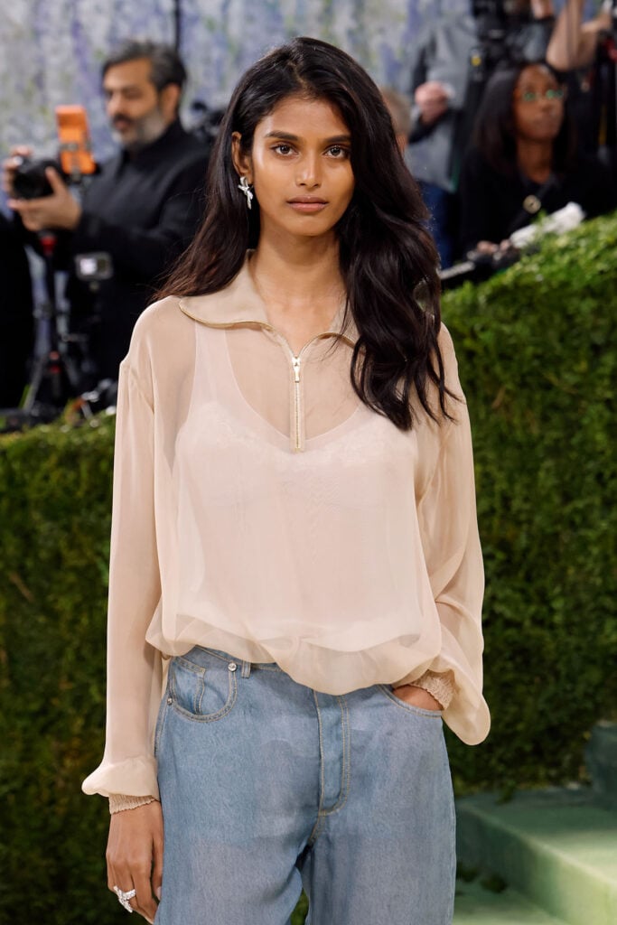 Bhavitha Mandava wearing Chanel muslin separates with a denim-effect print at the 2026 Met Gala
