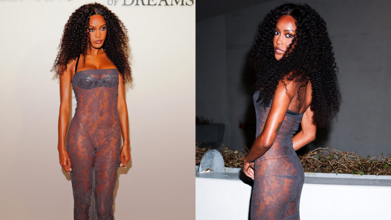 Ciara Miller attends CULT100 party in black lace dress