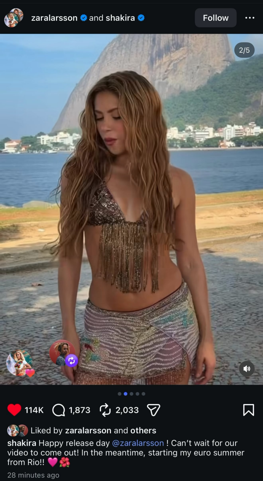 Shakira announces single and music video “Eurosummer” with Zara Larsson ahead of her Copacabana performance on May 2nd in Brazil