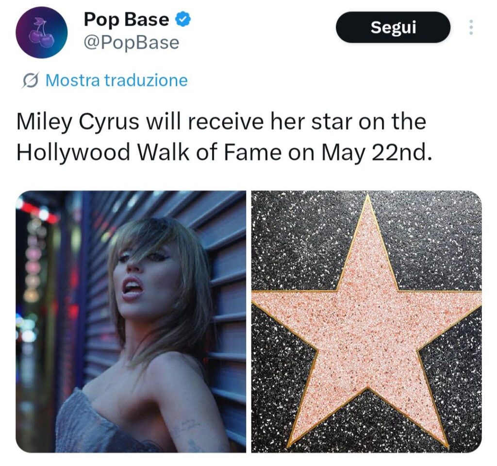 Miley Cyrus will receive her star on the Hollywood Walk of Fame on May 22nd