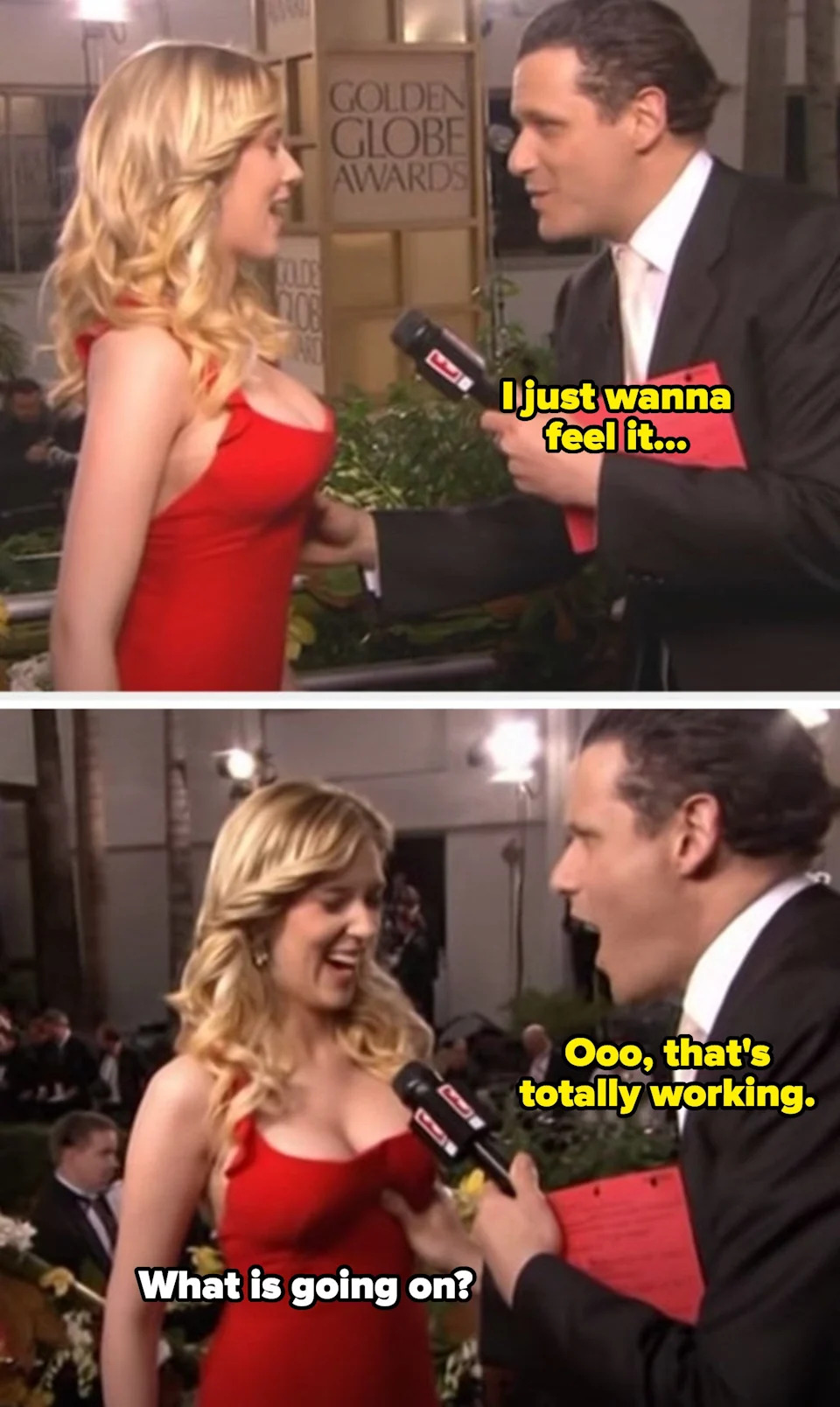 Two people are talking at a Golden Globe Awards event. The woman is wearing an elegant dress, and speech bubbles convey a humorous exchange