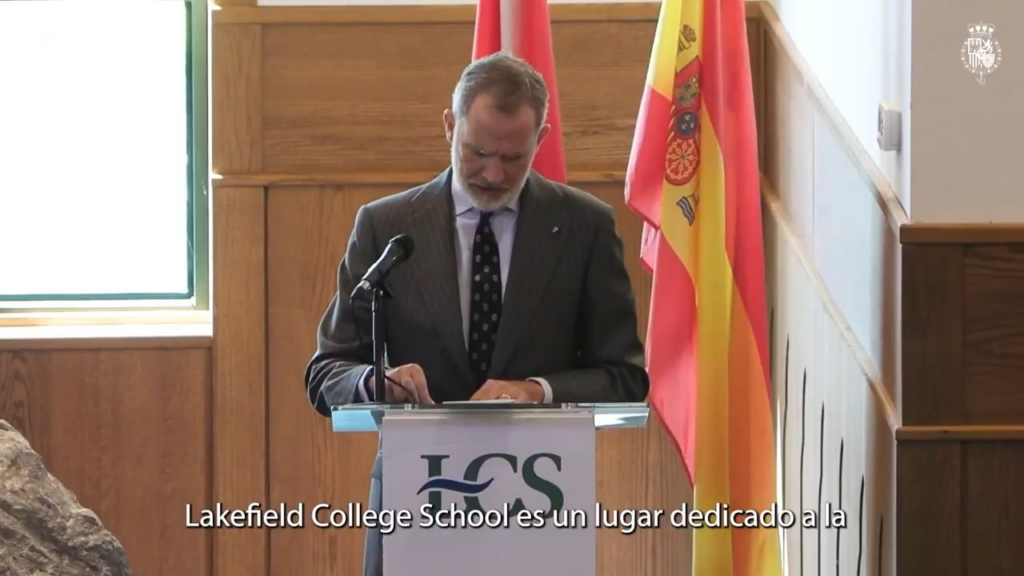King Felipe Gives a Speech in English during his visit to Lakefield College School in Ontario