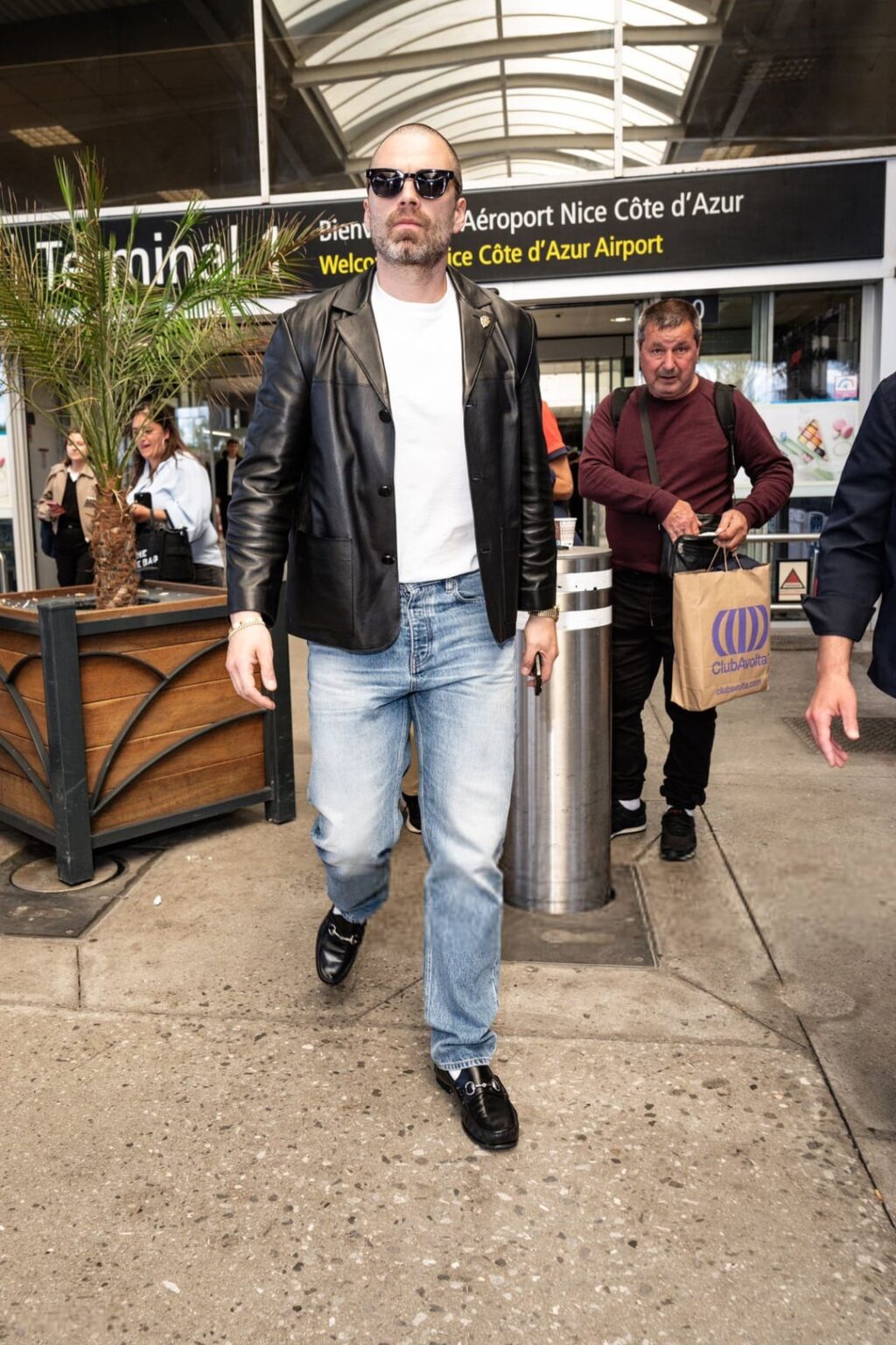 Bald Sebastian Stan at the Nice Airport for the 79th Cannes Film Festival.
