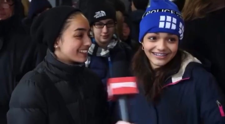 Rachel Zegler aged 15 outside the Winter Garden Theater in New York, waiting to audition for the 2015 production of School of Rock. She'll return to Broadway next year starring in Evita