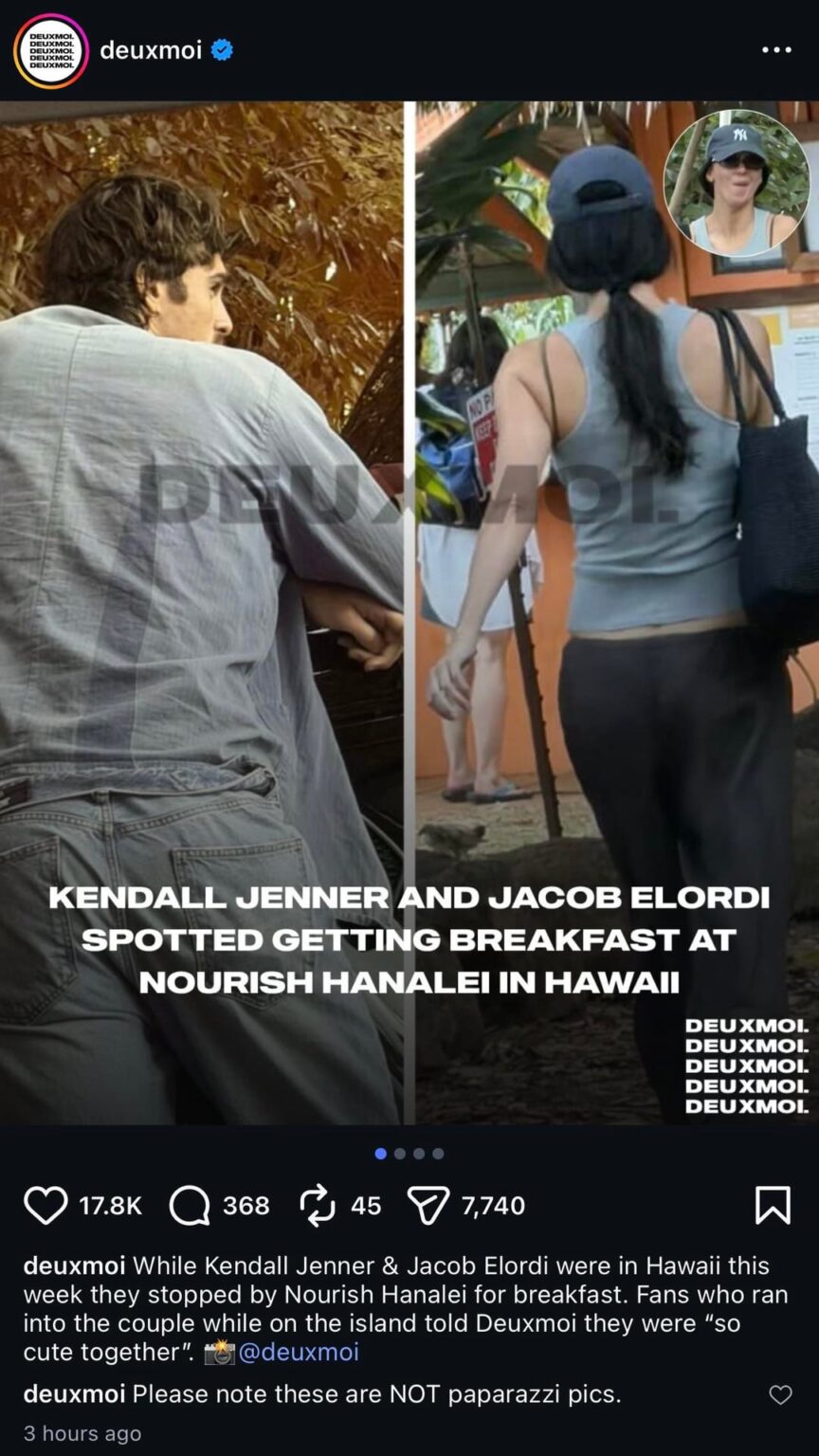 Deuxmoi shared photos of Kendall Jenner & Jacob Elordi in Hawaii sent to her by fans
