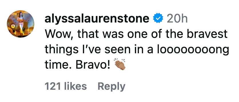 Social media post by a verified user praising someone’s bravery, with 121 likes
