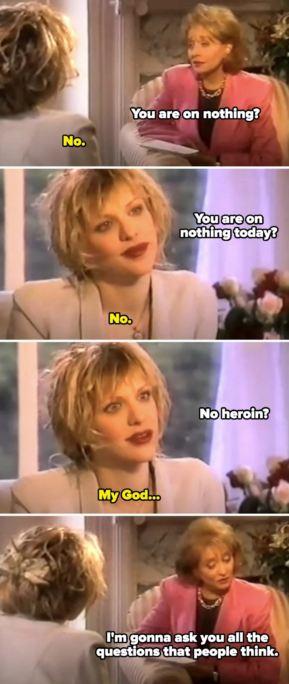 TV interview scene with two women. Interviewer asks if the guest is on any substances, and the guest responds negatively with surprise