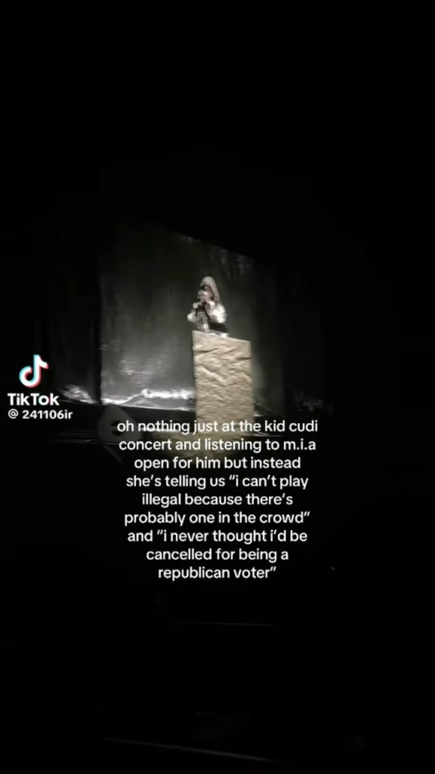 M.I.A gets booed at Kid Cudi concert in Dallas for saying “I can't play ‘Illegal’ because there's probably one in the crowd” and “I never thought I’d be cancelled for being a Republican voter”