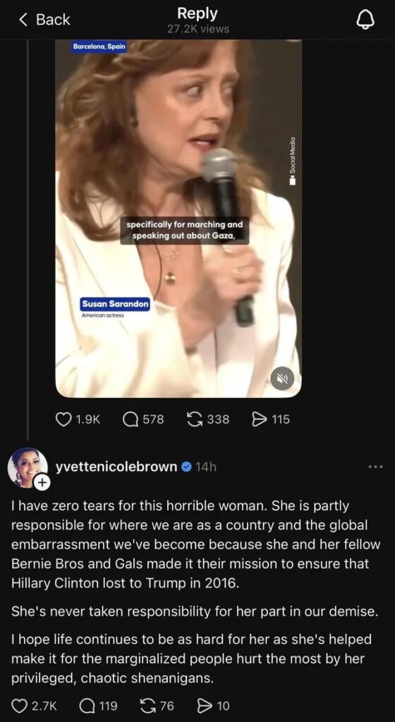Yvette Nicole Brown calls Susan Sarandon a “horrible woman” for campaigning against Hillary Clinton in 2016 and says she has “zero tears” for her and hopes “life continues to be as hard for her as she’s helped make it for the marginalized people hurt”