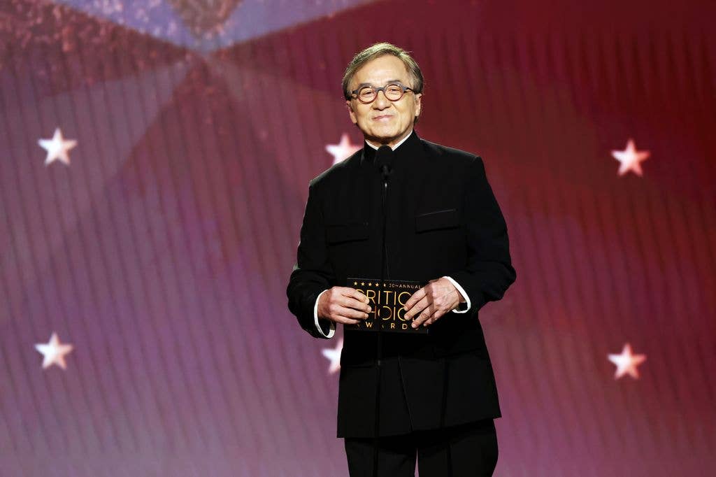 Jackie Chan speaks onstage during the 30th Annual Critics Choice Awards at Barker Hangar on February 07, 2025 in Santa Monica, California