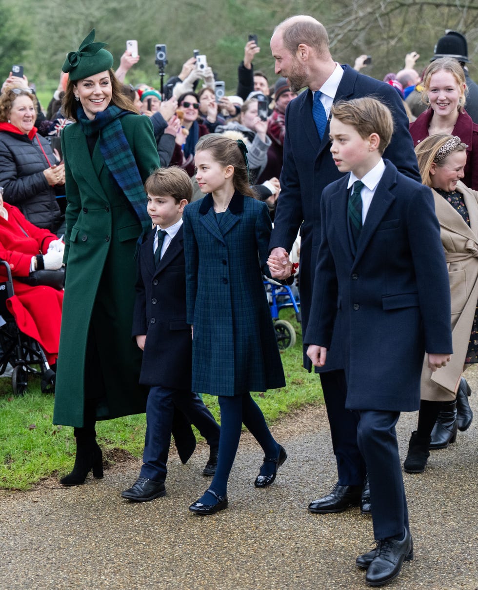 sandringham, norfolk december 25: catherine, princess of walesm prince louis of wales, princess charlotte of wales, prince william, prince of wales and prince george of wales attend the christmas morning service at sandringham church on december 25, 2024 in sandringham, norfolk. (photo by samir hussein/wireimage)
