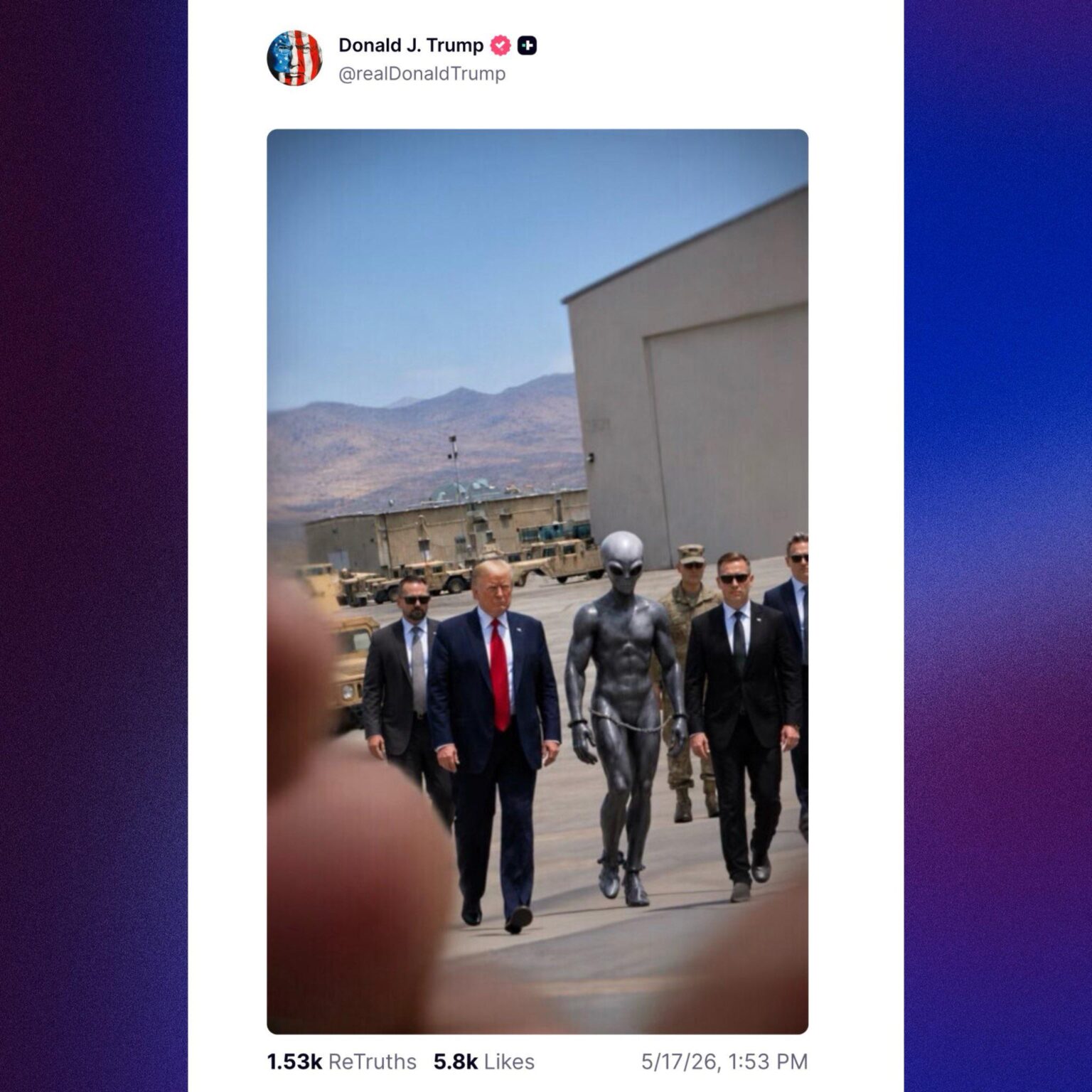 Donald Trump shares AI-generated photo with an alien.