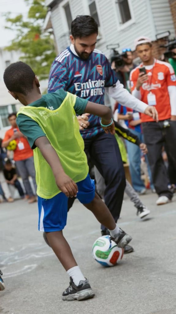 Mayor Zohran Mamdani plays soccer with kids outside an elementary school in Bronx. Streets outside 50 public schools across all 5 boroughs will be converted into car-free soccer pitches for kids, as a part of the Soccer Streets initiative during the World Cup.