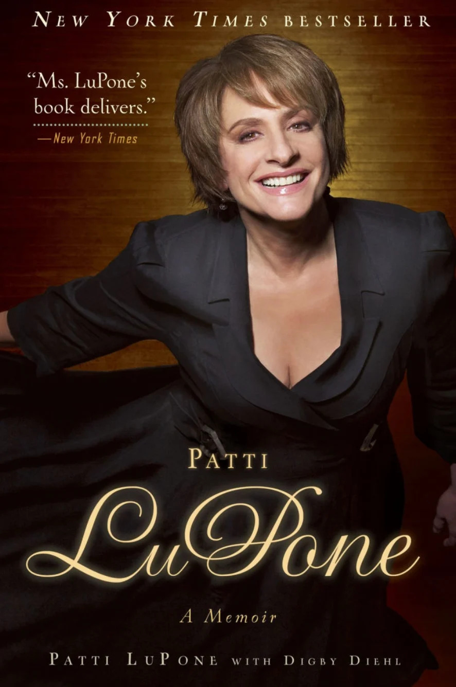 Cover of Patti LuPone's memoir featuring a smiling woman in an elegant dress beside positive reviews calling it a "New York Times bestseller."