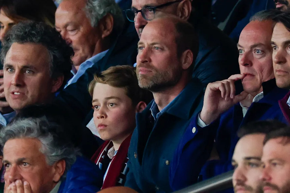 Thomas van Straubenzee, Prince George of Wales and Prince William, Prince of Wales are seen during the UEFA Champions League 2024/25 Quarter Final First Leg match between Paris Saint-Germain and Aston Villa FC at Parc des Princes on April 09, 2025 in Paris, France. (Photo by Pierre Suu/Getty Images)