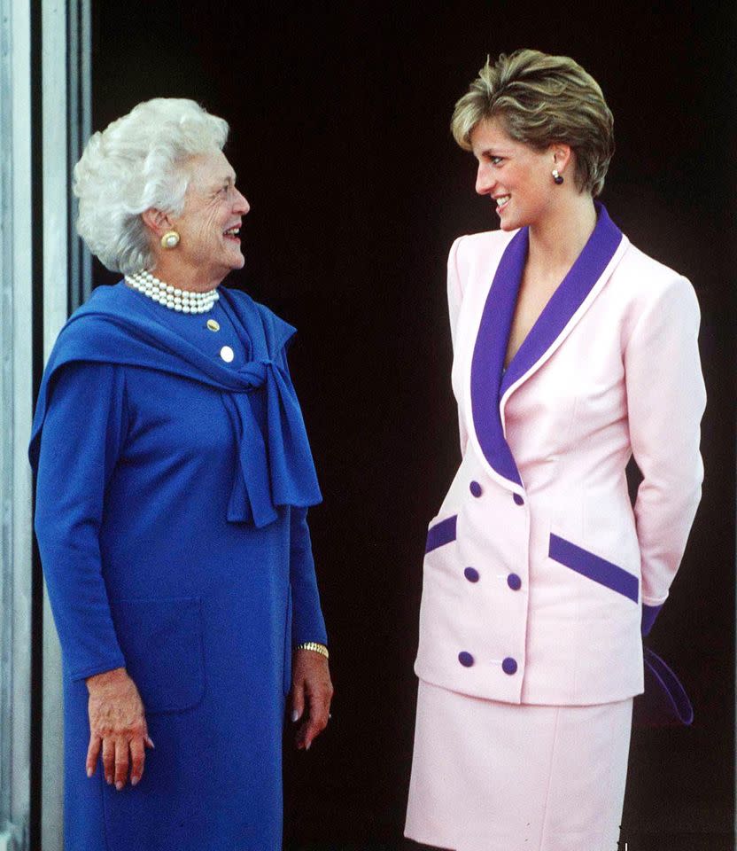 Princess Diana meeting Barbara Bush in Kiki McDonough earrings in October 1990.Credit: Getty