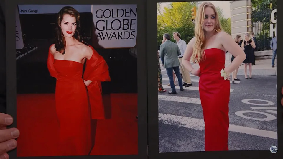 Left: Brooke Shields in a red dress 1998 Right: Rowan wearing the same dress now