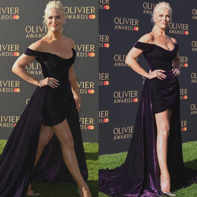 Hannah Waddingham wore a striking Costarellos Fall 2022 purple velvet, off-the-shoulder minidress with a long train at the 2023 Olivier Awards