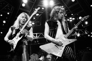 British heavy metal band Iron Maiden performs at Madison Square Garden during their World Piece Tour, New York, New York, October 8, 1983. Pictured are Dave Murray and Adrian Smith. (Photo by Paul Natkin/Getty Images)
