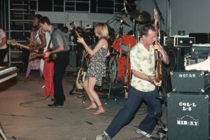 Talking Heads lead singer and guitarist David Byrne, bassist Tina Weymouth, keyboardist Jerry Harrison, and drummer Chris Frantz play a August 1980 concert in Central Park. Adrian Belew joins the original Talking Heads for the concert.   (Photo by Lynn Goldsmith/Corbis/VCG via Getty Images)