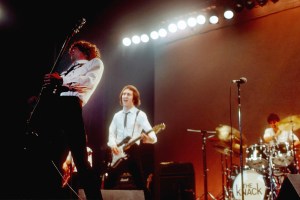 OCTOBER 1979: (L-R) Guitarist Berton Averre, Doug Fieger and drummer Bruce Gary  of the rock and roll band 'The Knack' perform onstage in October 1979. (Photo by Michael Ochs Archives/Getty Images)