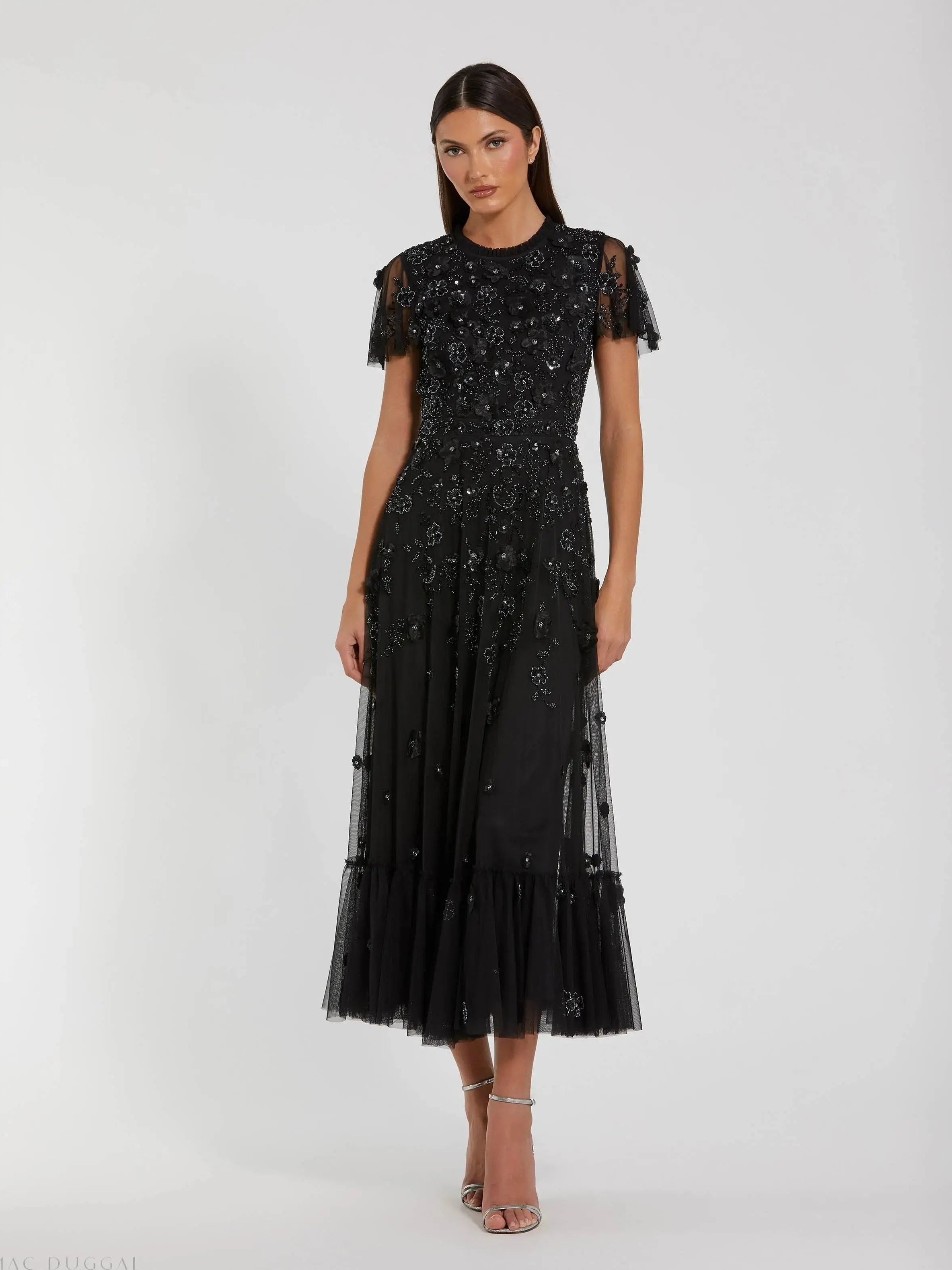 Black Embellished High Neck Flutter Sleeve a Line Dress