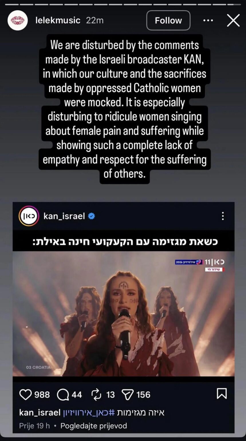 Eurovision- LELEK (Croatia’s representative) have made a statement, directed towards comments by KAN (Israel’s broadcaster).