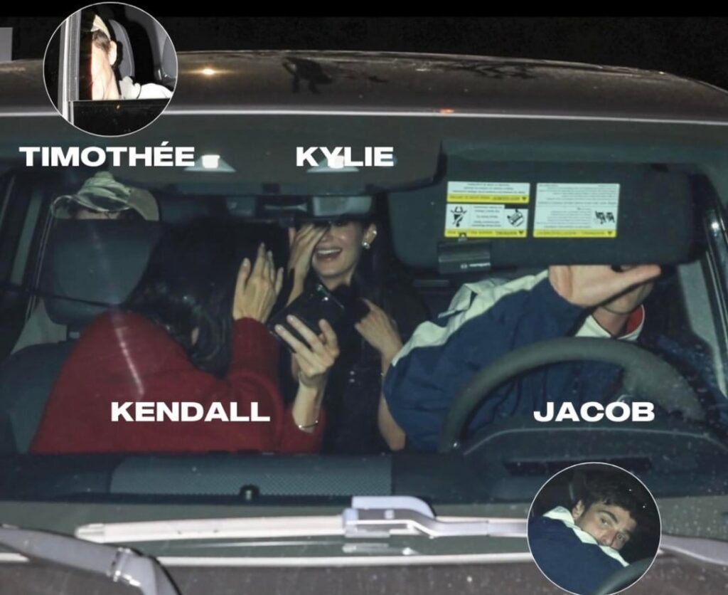 Kendall Jenner, Jacob Elordi, Kylie Jenner and Timothee Chalamet ducking from paparazzi last night in Los Angeles.