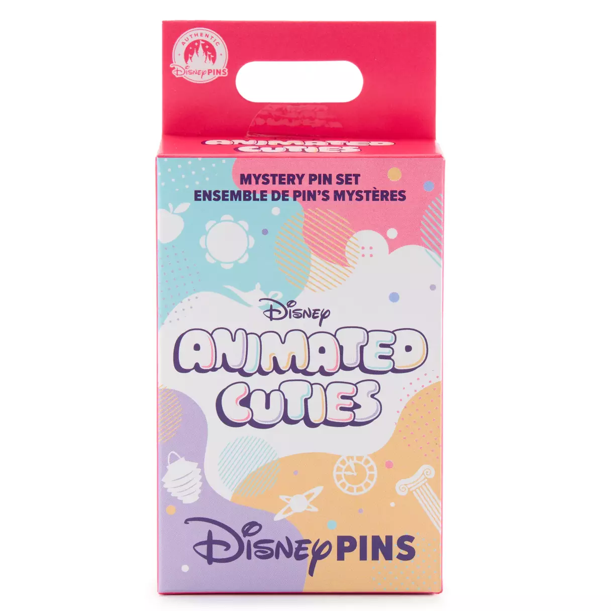 In a pastel, multicolored box, the Animated Cuties mystery pins come two to a box. There are eight possible pins you can receive.