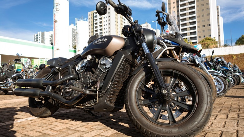 An Indian Scout Bobber motorcycle at an exhibition